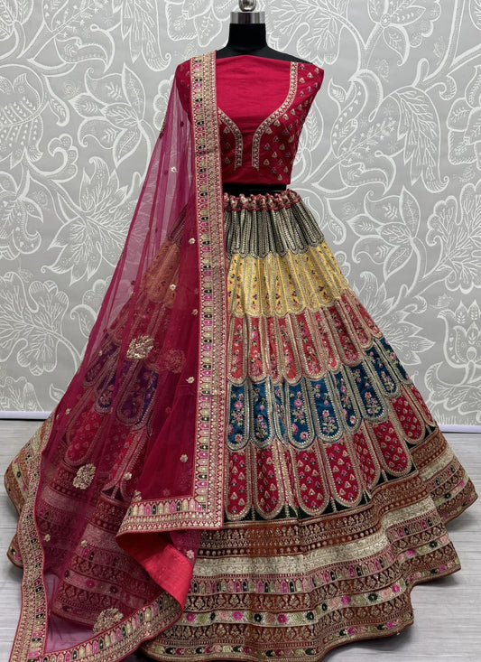 Various embroidery Lace and colourful patch work designed partywear Lehengacholi in rani colour