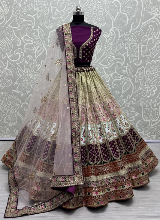 Various embroidery Lace and colourful patch work designed partywear Lehengacholi in purple colour