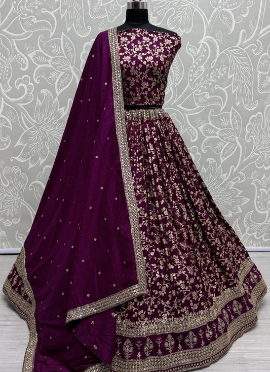 Perfect detailed embroidery work designer partywear Lehengacholi in purple colour