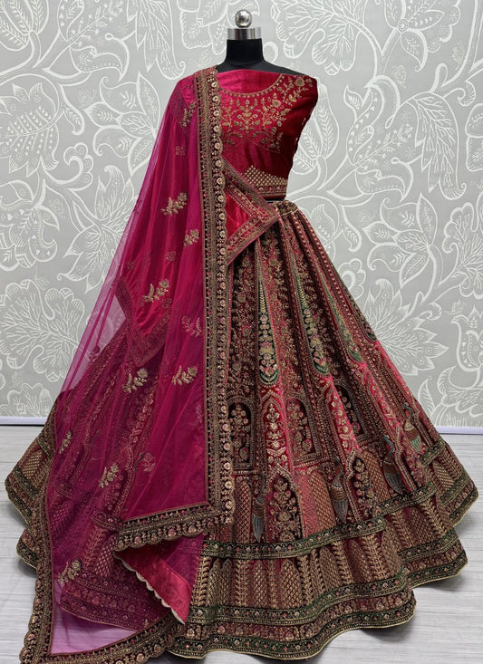 Double chunni and Various embroidery Patch work Lehengacholi in rani pink colour