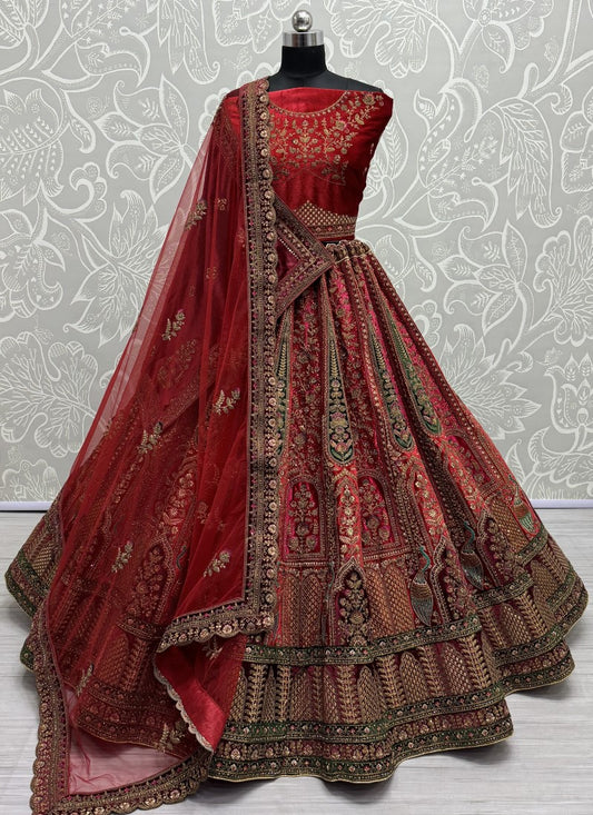 Double chunni and Various embroidery Patch work Lehengacholi in red colour