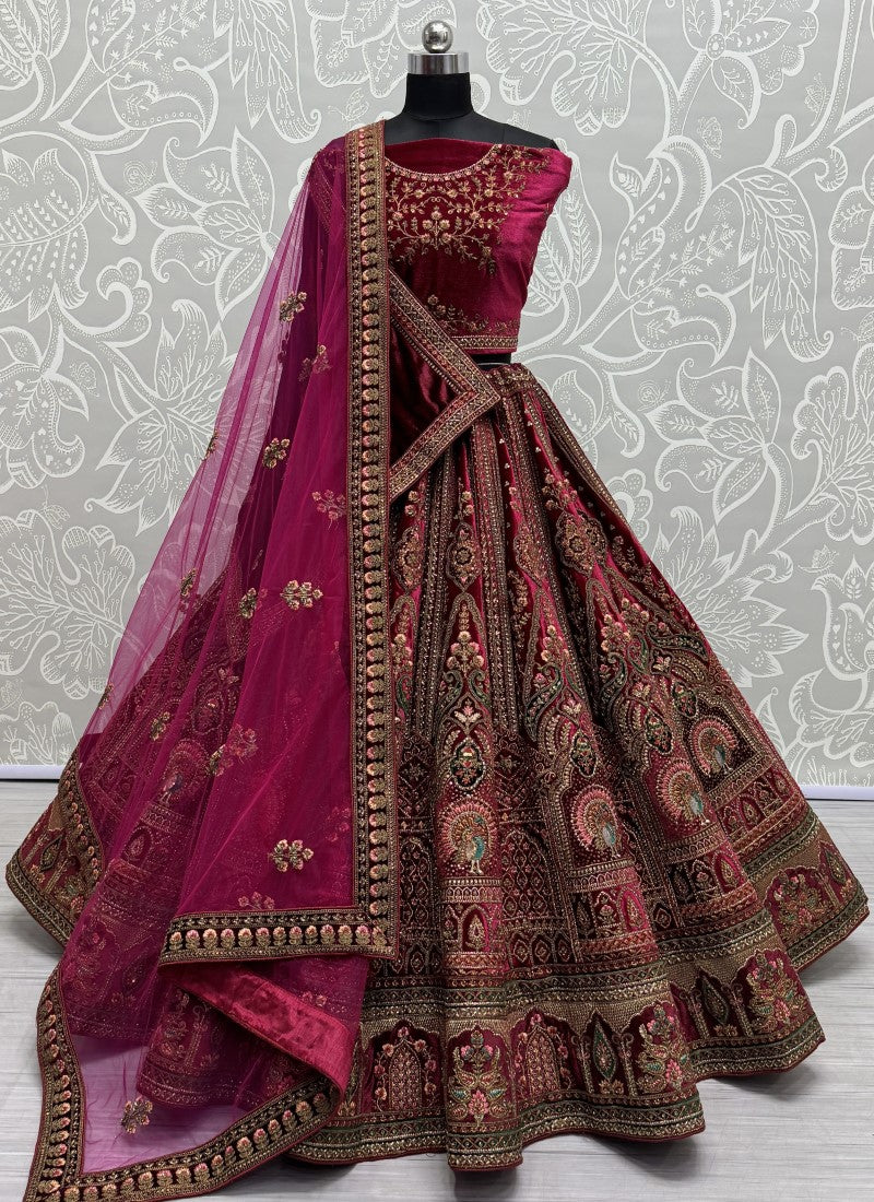 Exclusive Peacock Embroidered With patch work designer Lehenga Choli in cherry colour