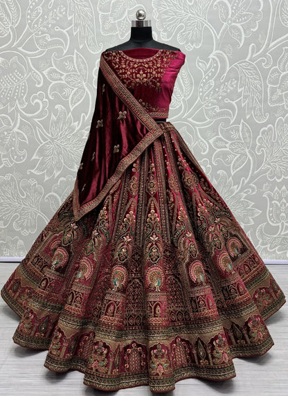 Exclusive Peacock Embroidered With patch work designer Lehenga Choli in cherry colour