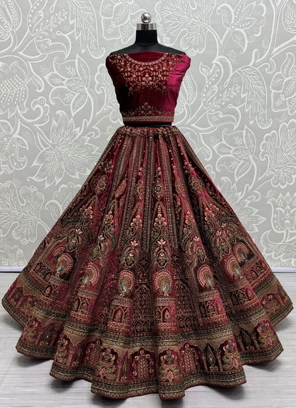 Exclusive Peacock Embroidered With patch work designer Lehenga Choli in cherry colour