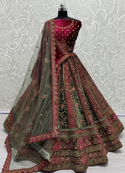 Double dupatta combine double color velvet crafted Lehenga choli in Cherry Colour