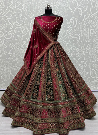 Double dupatta combine double color velvet crafted Lehenga choli in Cherry Colour