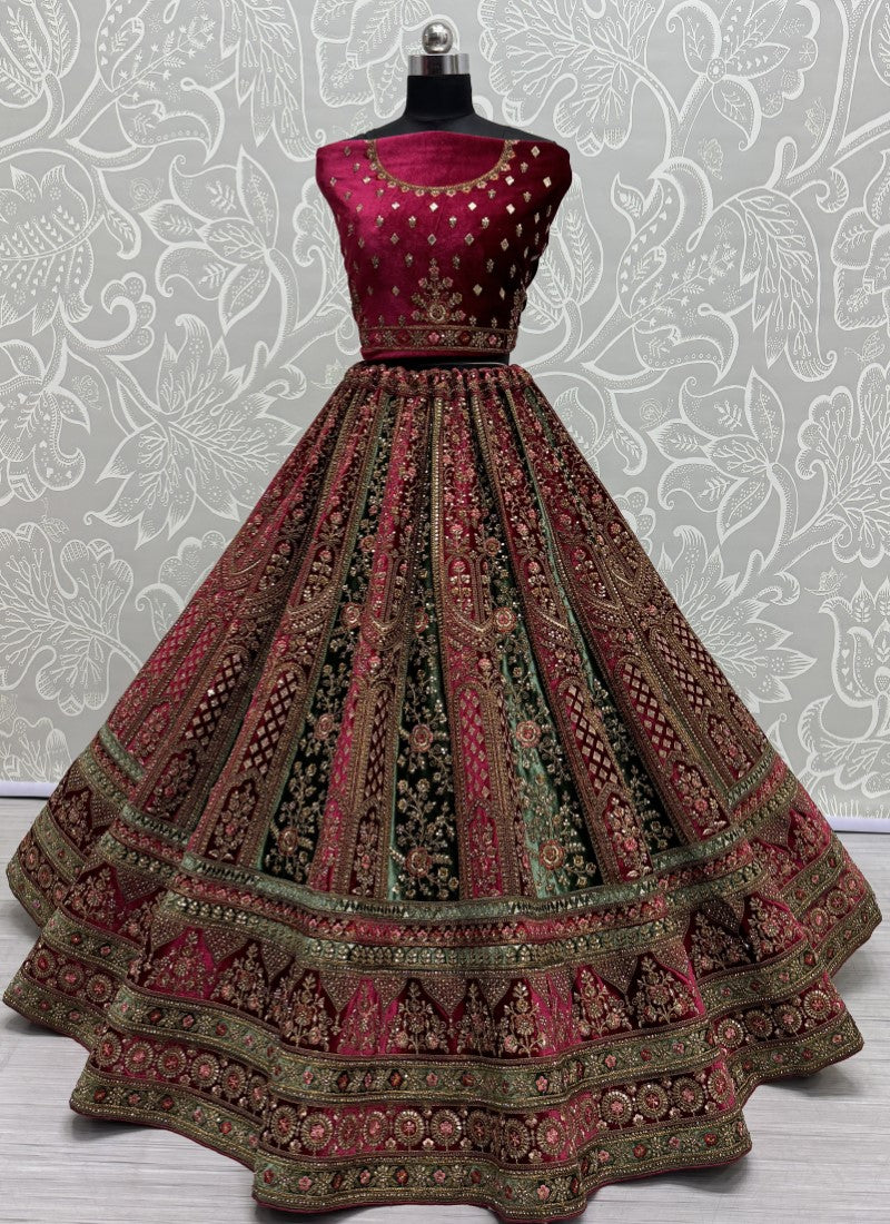 Double dupatta combine double color velvet crafted Lehenga choli in Cherry Colour