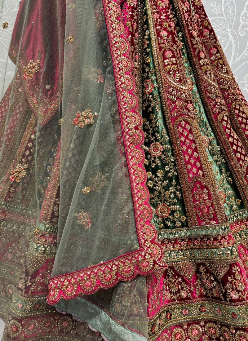 Double dupatta combine double color velvet crafted Lehenga choli in Cherry Colour