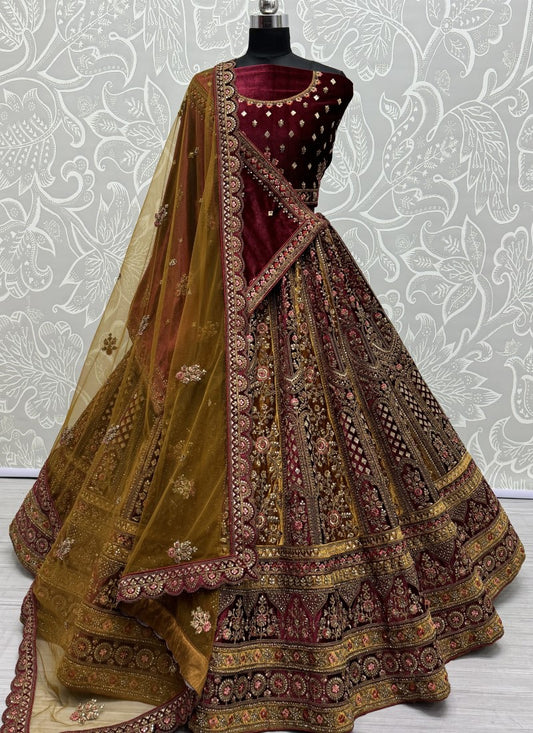 Double dupatta combine double color velvet crafted Lehenga choli in Maroon Colour