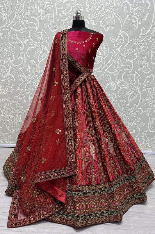 Peacock and flower pattern embroidered Velvet Lehengacholi in Red Colour