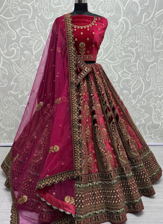 Sober Dori and Thread work combine velvet designer Lehengacholi in Rani Pink Colour