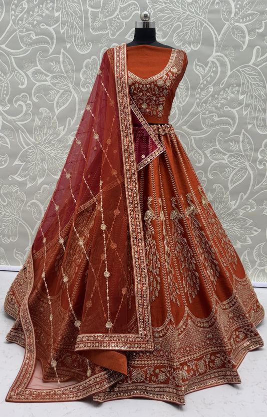 Rust Orange Silk Bridal Lehenga Choli with Peacock Embroidery & Designer Net Dupatta
