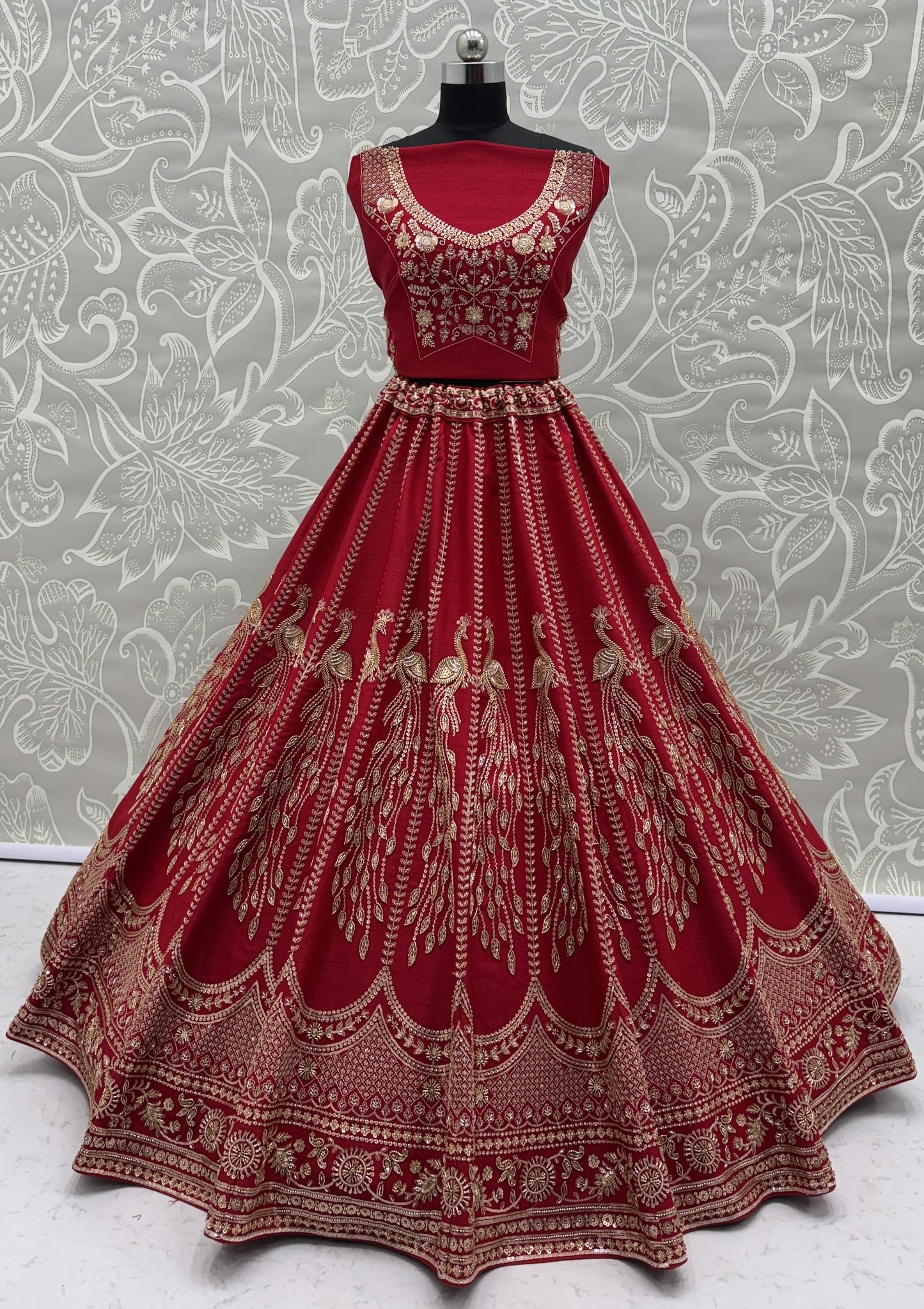 Ruby Red Silk Bridal Lehenga Choli with Peacock Embroidery & Designer Net Dupatta