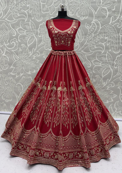 Ruby Red Silk Bridal Lehenga Choli with Peacock Embroidery & Designer Net Dupatta
