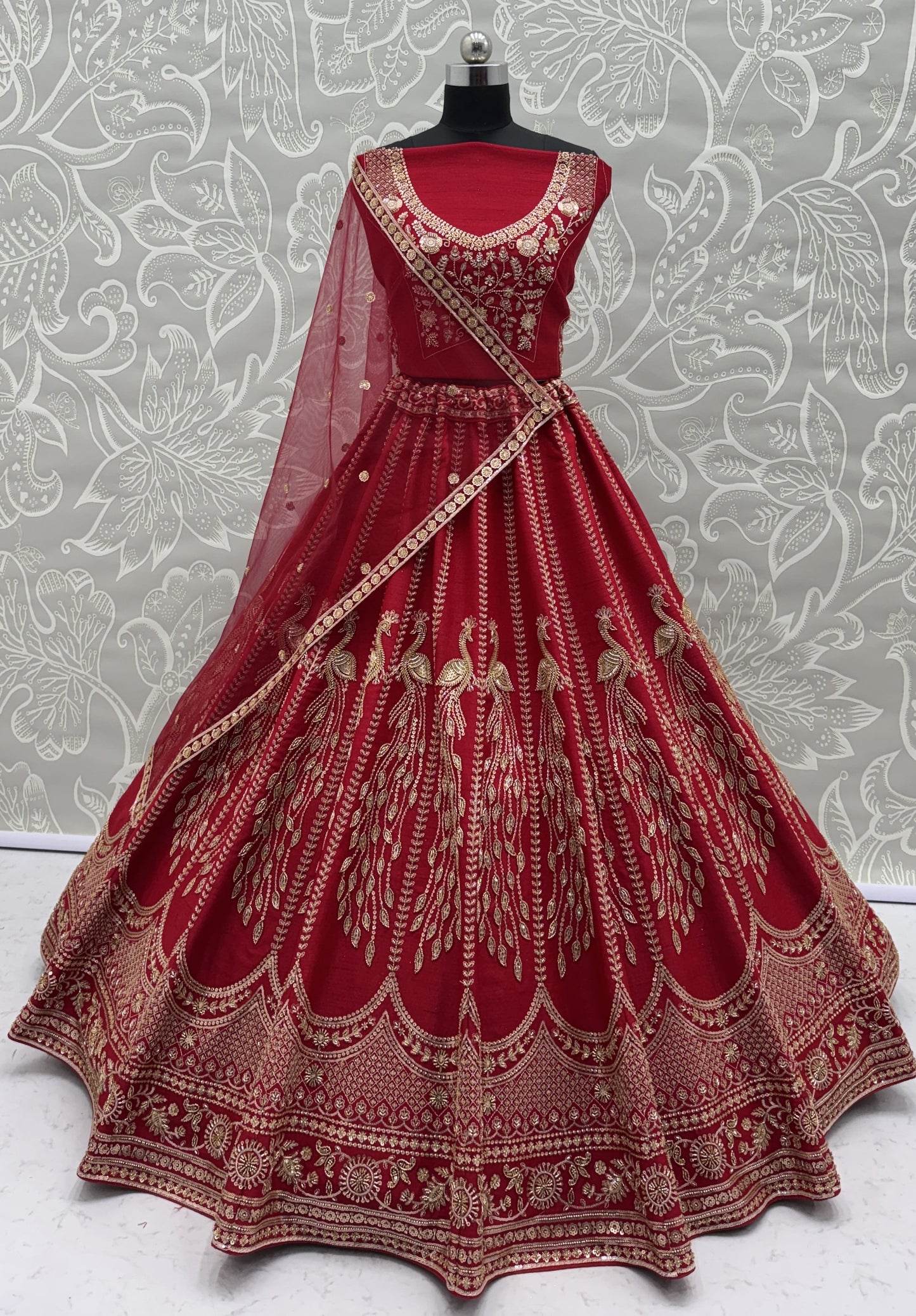 Ruby Red Silk Bridal Lehenga Choli with Peacock Embroidery & Designer Net Dupatta