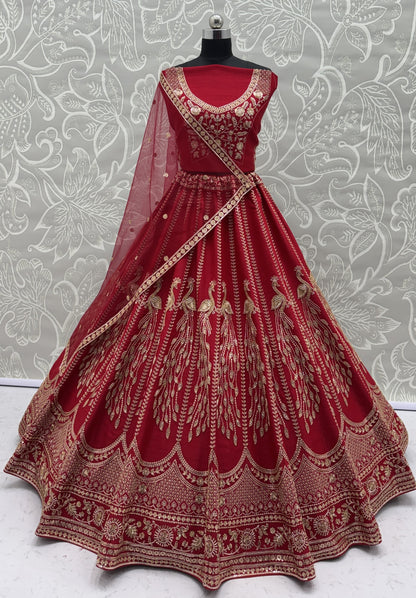 Ruby Red Silk Bridal Lehenga Choli with Peacock Embroidery & Designer Net Dupatta