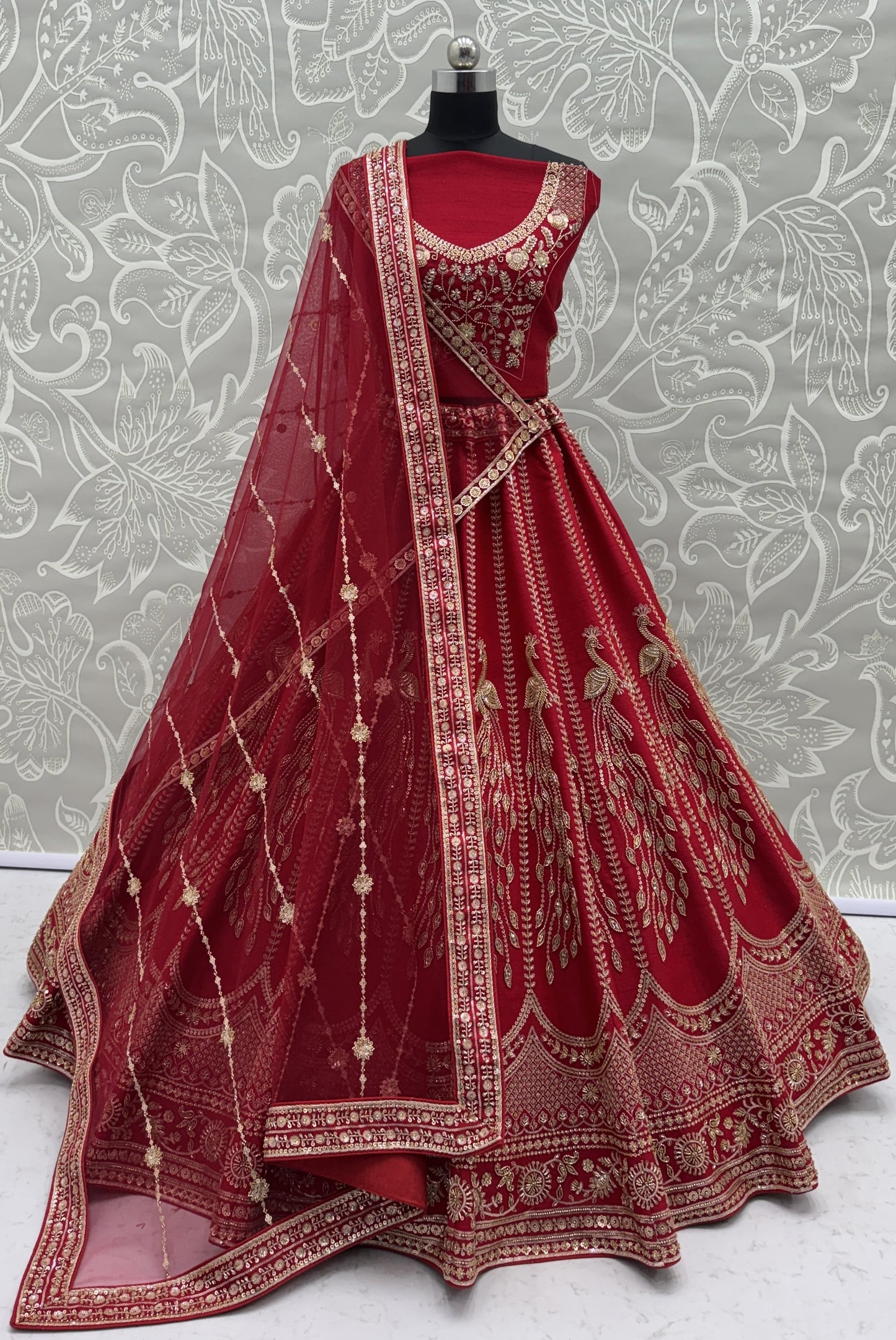 Ruby Red Silk Bridal Lehenga Choli with Peacock Embroidery & Designer Net Dupatta