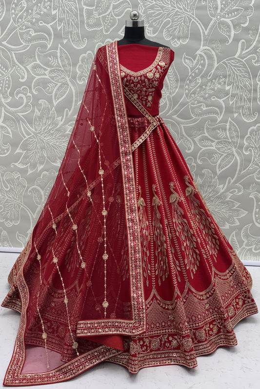 Ruby Red Silk Bridal Lehenga Choli with Peacock Embroidery & Designer Net Dupatta