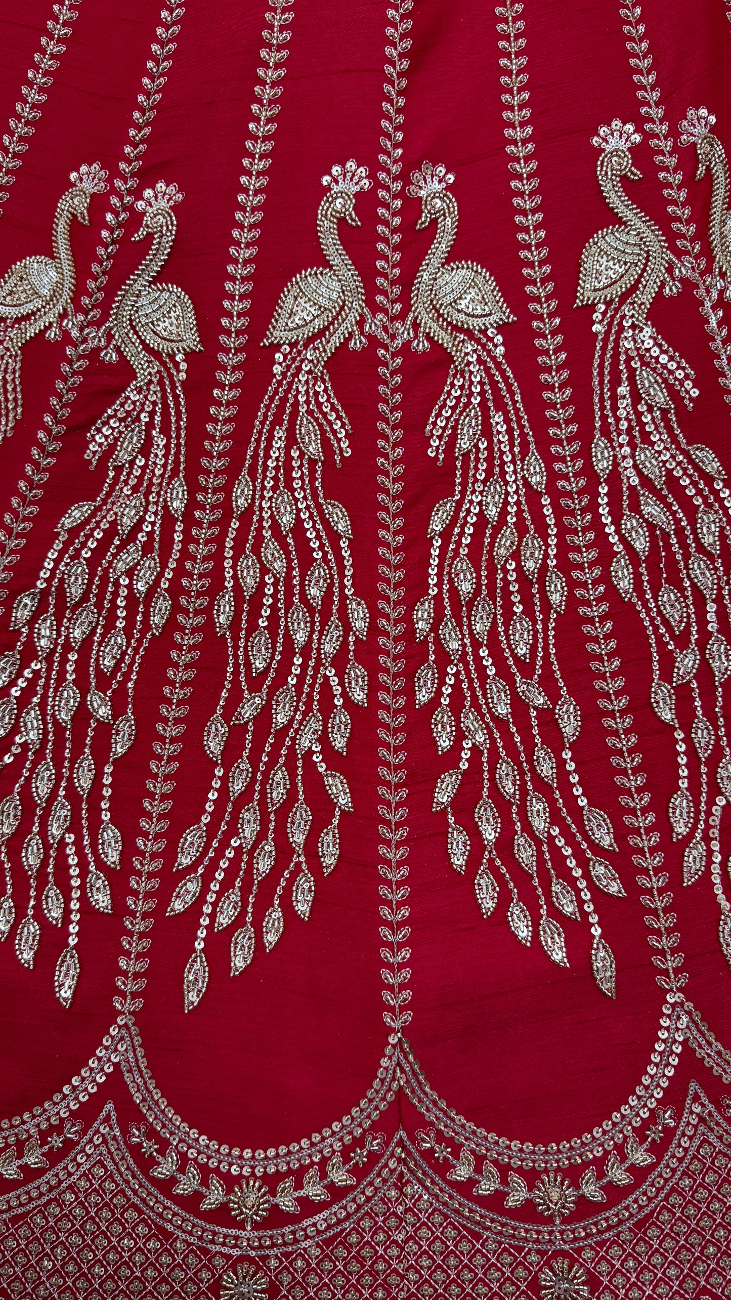 Ruby Red Silk Bridal Lehenga Choli with Peacock Embroidery & Designer Net Dupatta