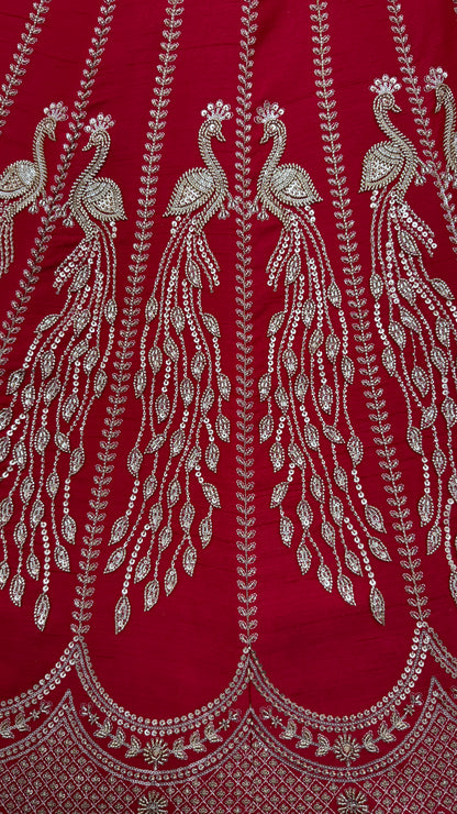 Ruby Red Silk Bridal Lehenga Choli with Peacock Embroidery & Designer Net Dupatta