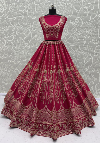 Rani Pink Silk Bridal Lehenga Choli with Peacock Embroidery & Designer Net Dupatta