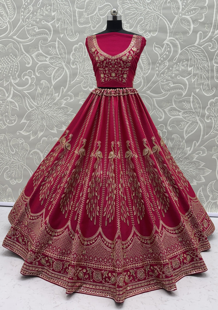 Rani Pink Silk Bridal Lehenga Choli with Peacock Embroidery & Designer Net Dupatta