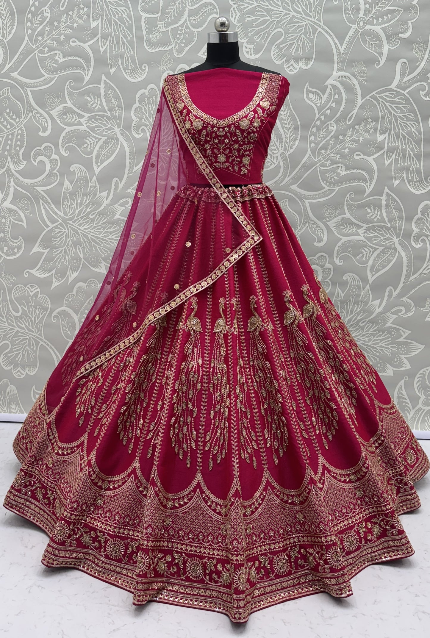 Rani Pink Silk Bridal Lehenga Choli with Peacock Embroidery & Designer Net Dupatta