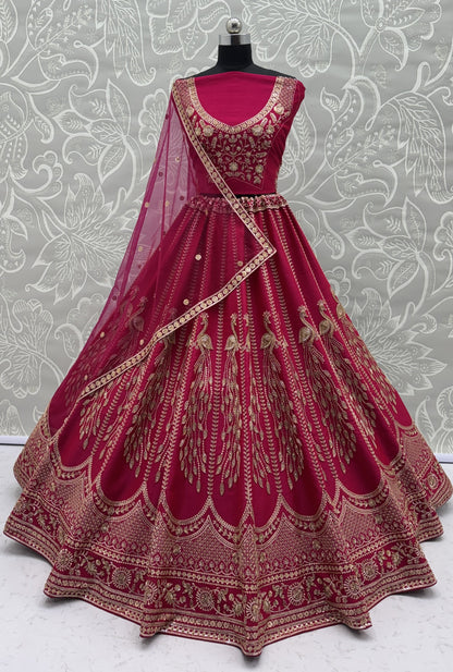 Rani Pink Silk Bridal Lehenga Choli with Peacock Embroidery & Designer Net Dupatta