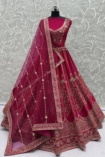 Rani Pink Silk Bridal Lehenga Choli with Peacock Embroidery & Designer Net Dupatta