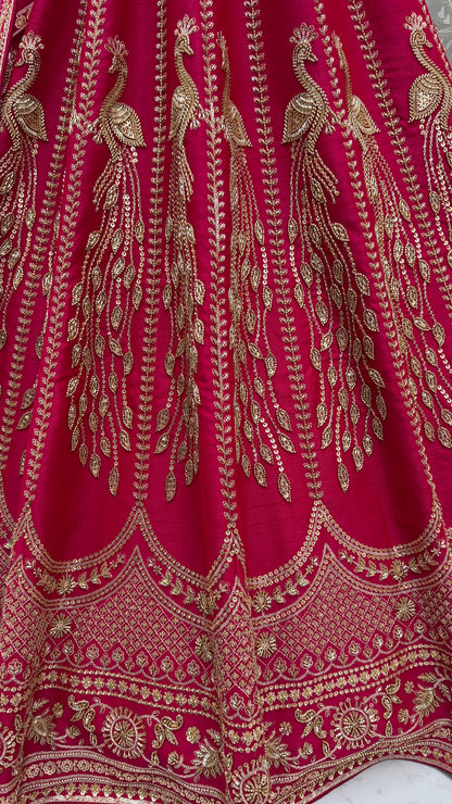 Rani Pink Silk Bridal Lehenga Choli with Peacock Embroidery & Designer Net Dupatta
