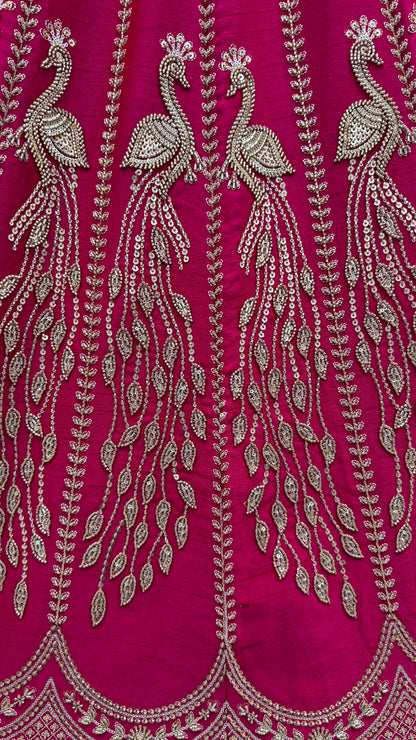 Rani Pink Silk Bridal Lehenga Choli with Peacock Embroidery & Designer Net Dupatta