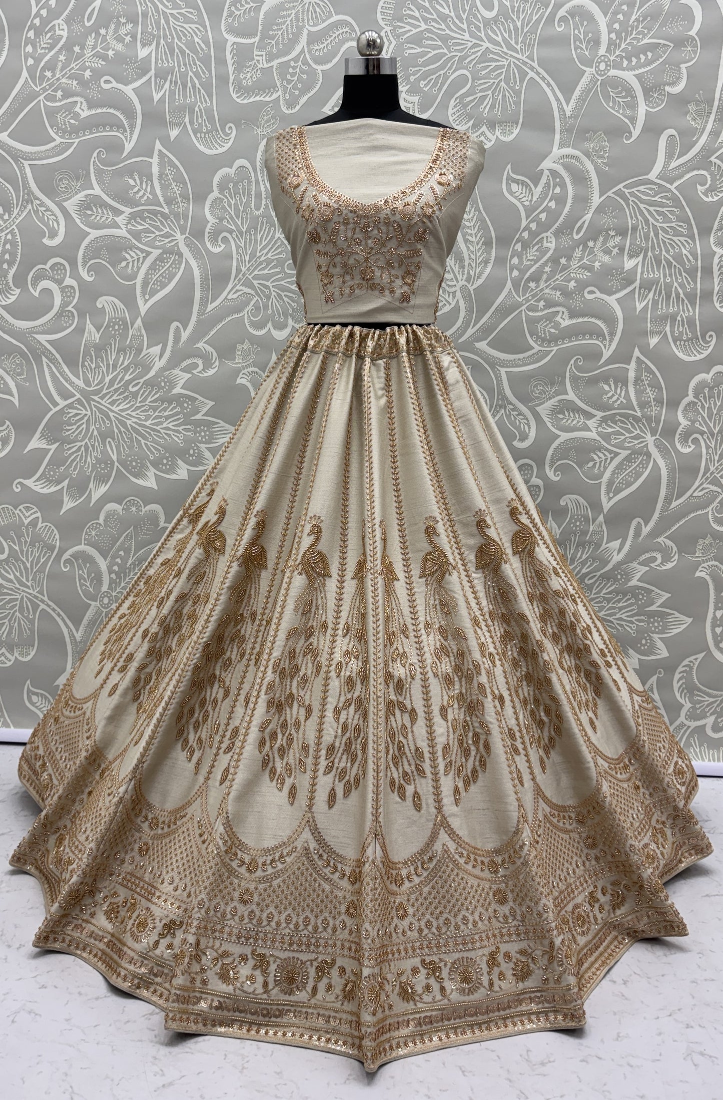 Ivory Silk Bridal Lehenga Choli with Peacock Handwork & Designer Net Dupatta
