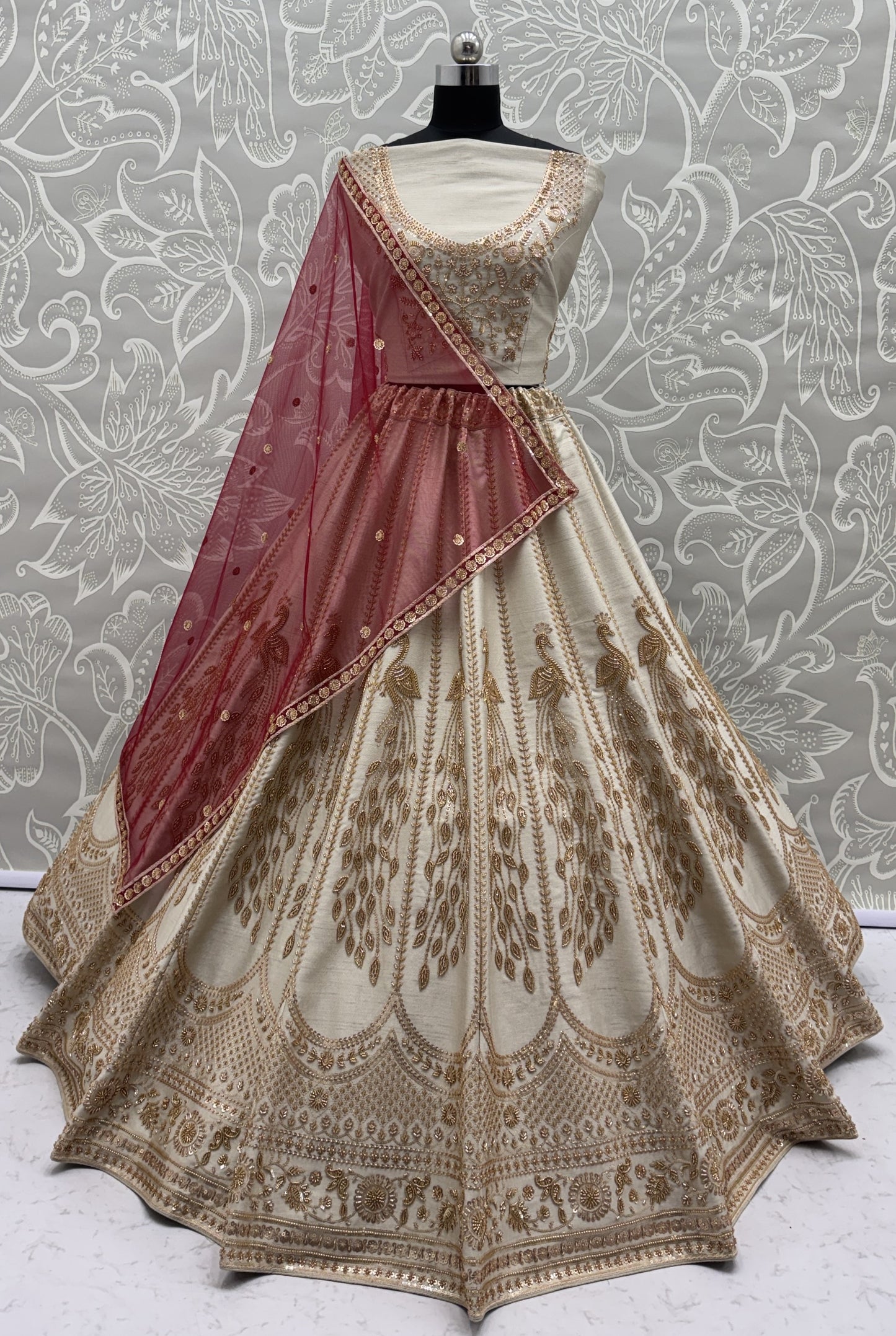 Ivory Silk Bridal Lehenga Choli with Peacock Handwork & Designer Net Dupatta