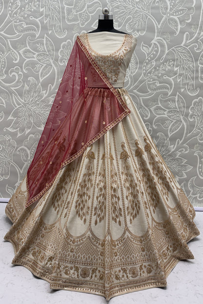 Ivory Silk Bridal Lehenga Choli with Peacock Handwork & Designer Net Dupatta