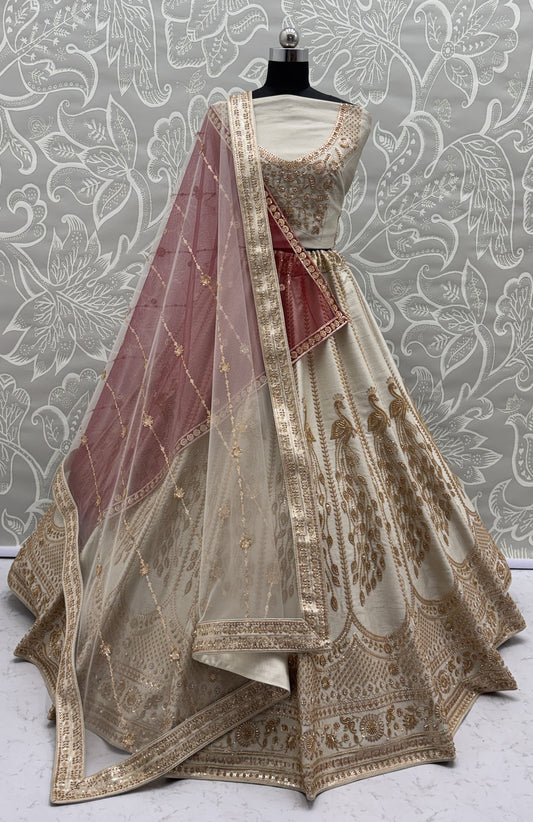 Ivory Silk Bridal Lehenga Choli with Peacock Handwork & Designer Net Dupatta