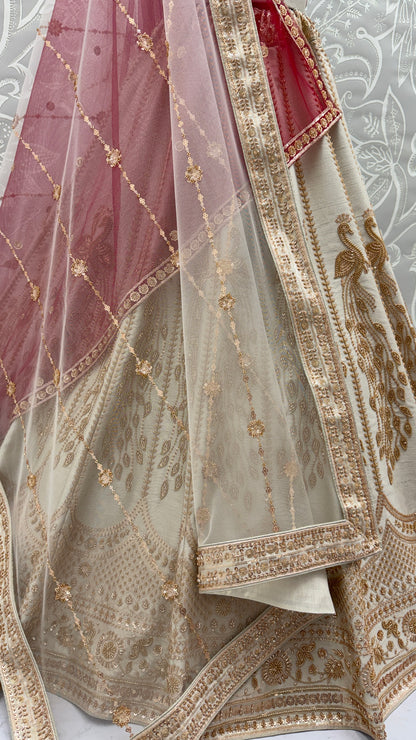 Ivory Silk Bridal Lehenga Choli with Peacock Handwork & Designer Net Dupatta