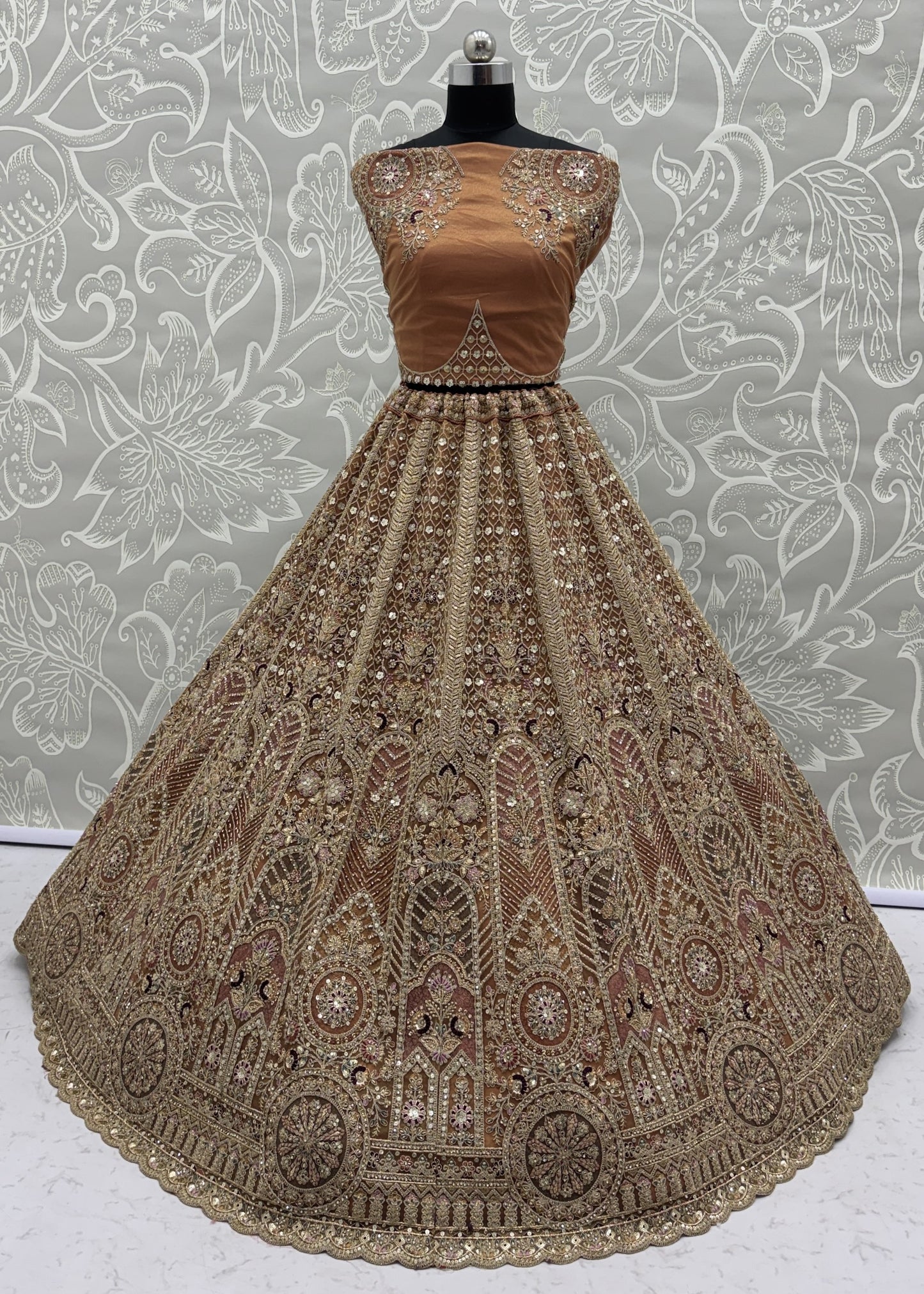 Champagne Gold Bridal Net Lehenga Choli with Fancy Zari, Multi Thread Embroidery & Zircon Diamond Work