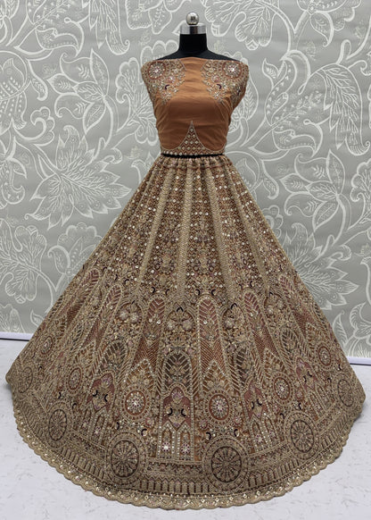 Champagne Gold Bridal Net Lehenga Choli with Fancy Zari, Multi Thread Embroidery & Zircon Diamond Work