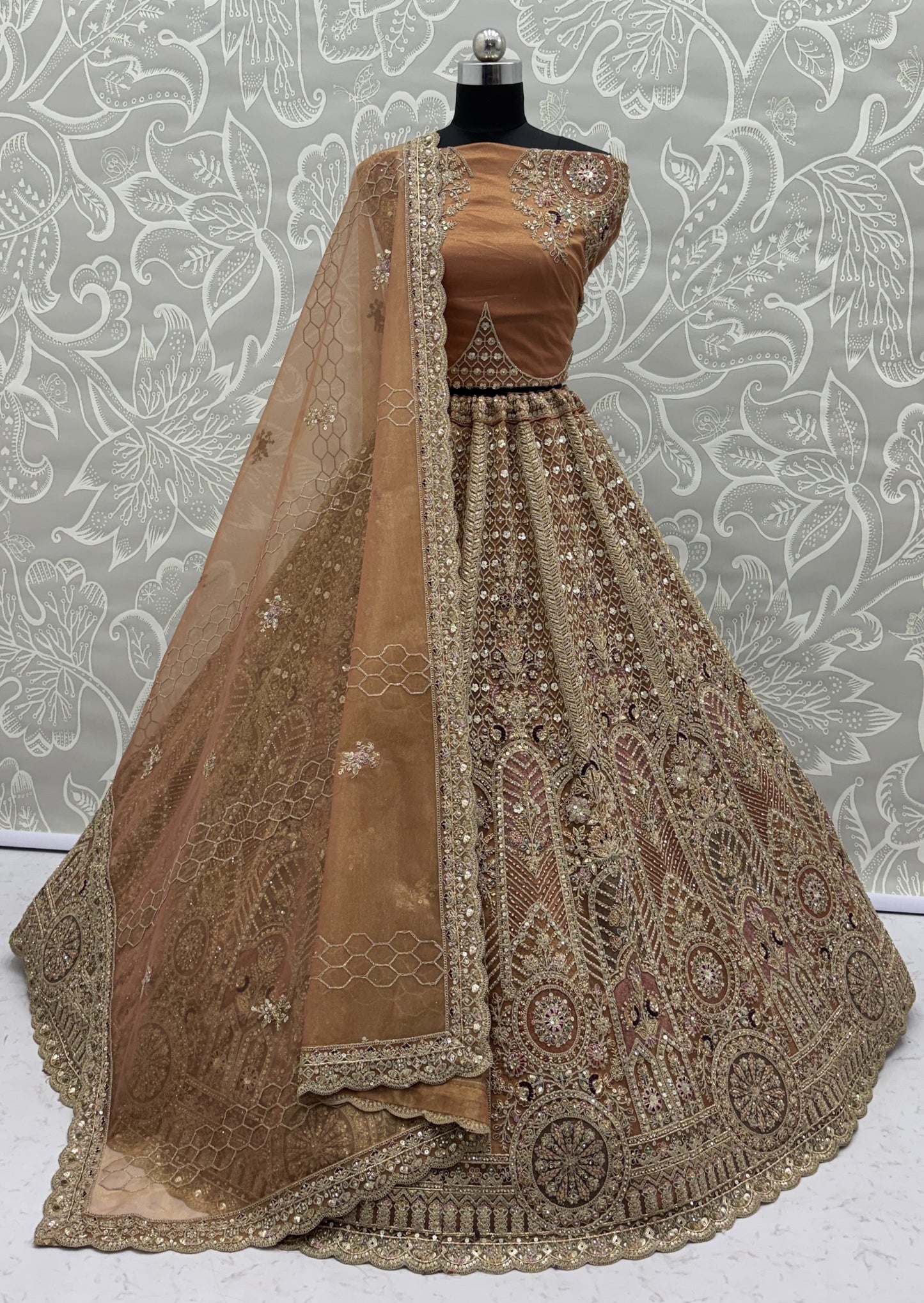 Champagne Gold Bridal Net Lehenga Choli with Fancy Zari, Multi Thread Embroidery & Zircon Diamond Work