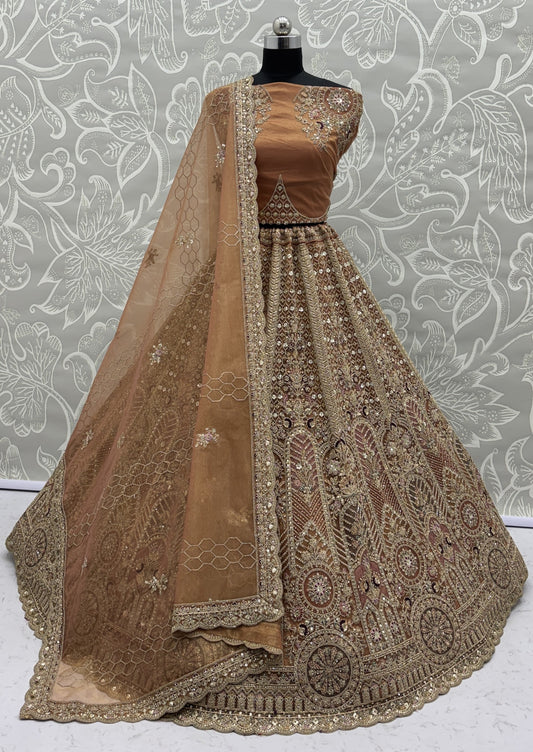 Champagne Gold Bridal Net Lehenga Choli with Fancy Zari, Multi Thread Embroidery & Zircon Diamond Work