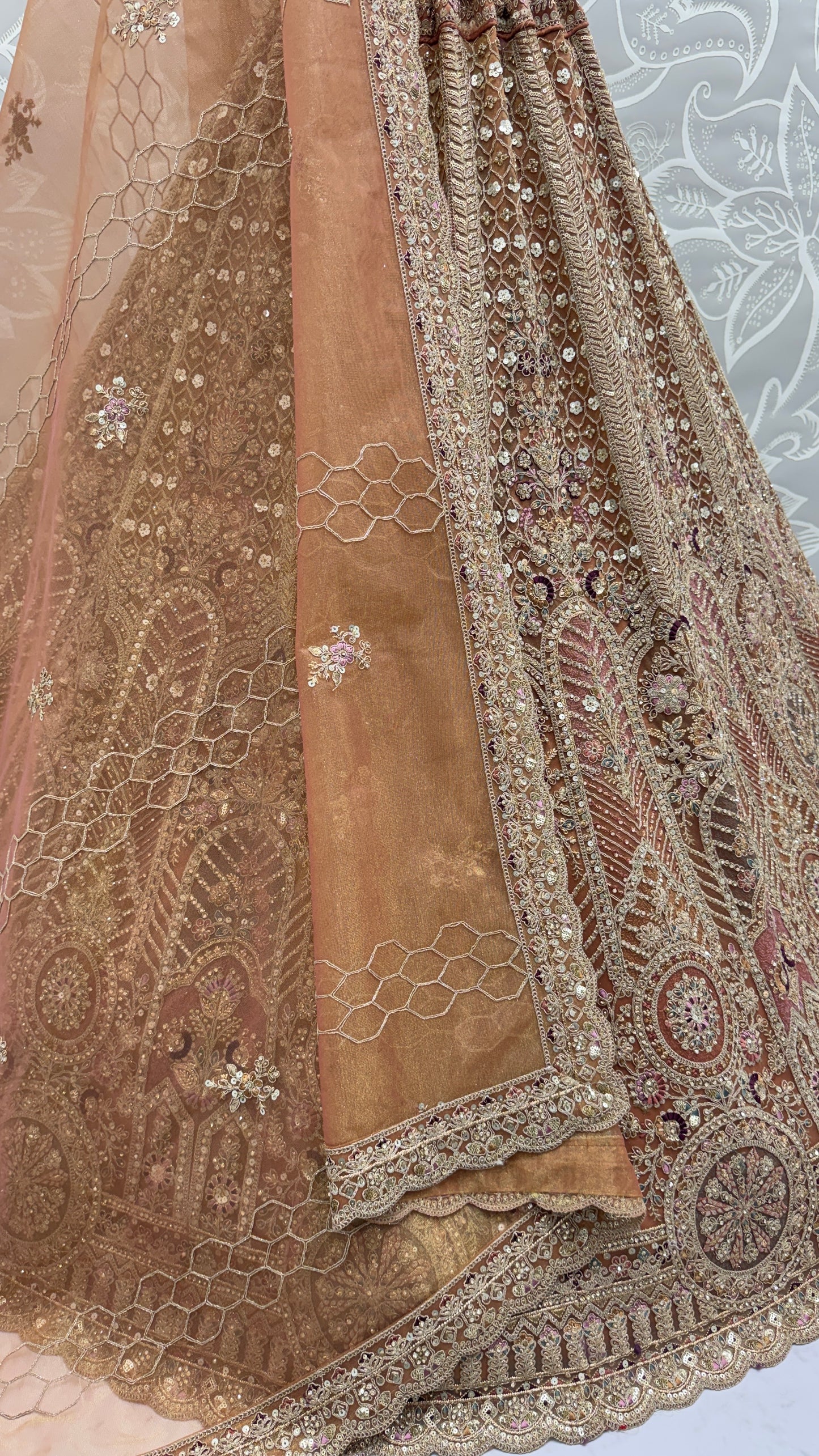 Champagne Gold Bridal Net Lehenga Choli with Fancy Zari, Multi Thread Embroidery & Zircon Diamond Work
