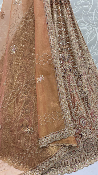 Champagne Gold Bridal Net Lehenga Choli with Fancy Zari, Multi Thread Embroidery & Zircon Diamond Work