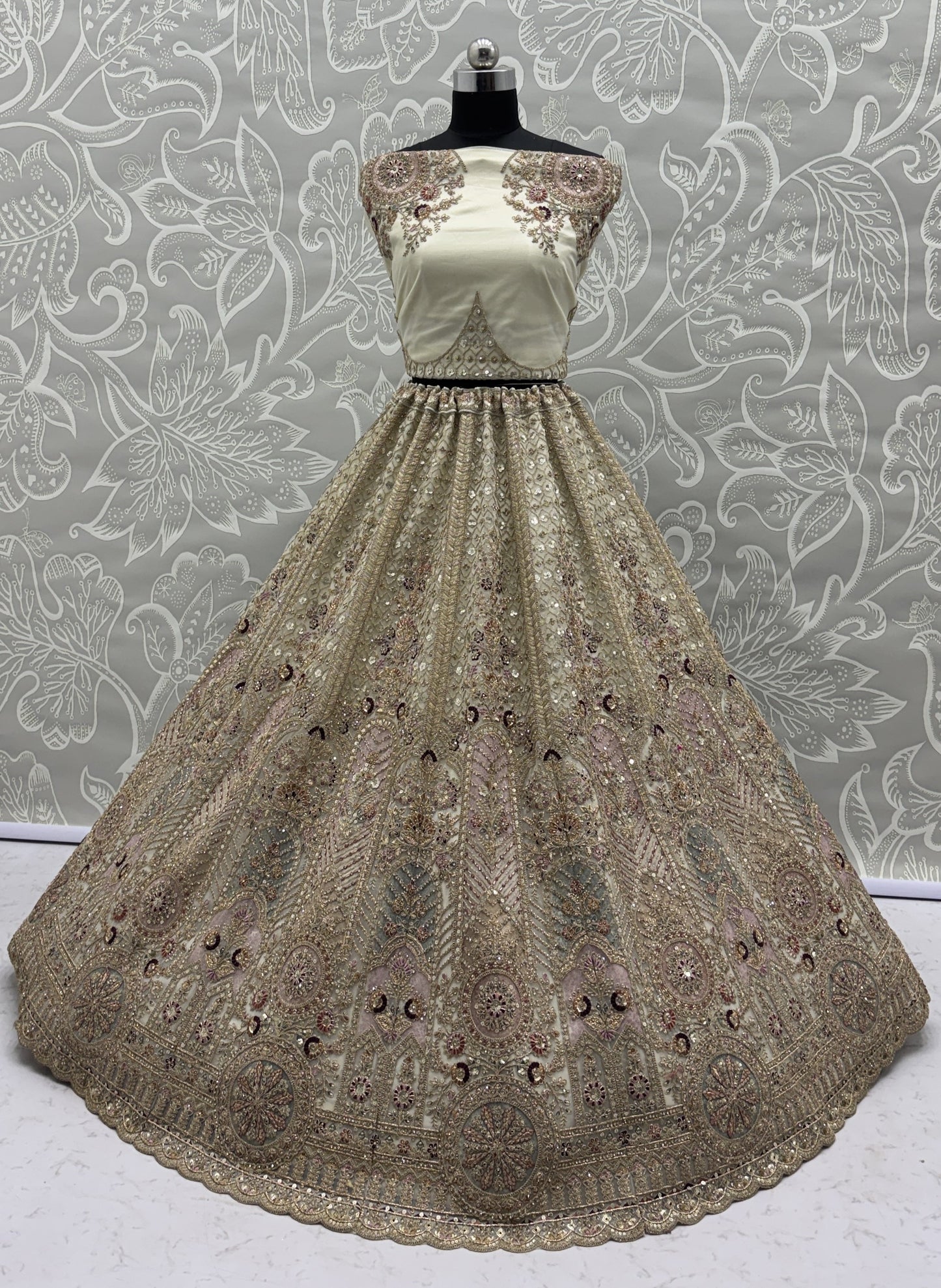Ivory Bridal Net Lehenga Choli with Fancy Chapat Zari, Multi Thread Embroidery & Zircon Diamond Work