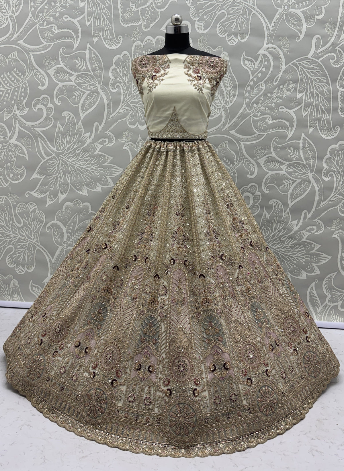 Ivory Bridal Net Lehenga Choli with Fancy Chapat Zari, Multi Thread Embroidery & Zircon Diamond Work