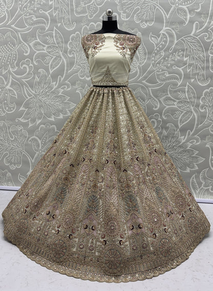 Ivory Bridal Net Lehenga Choli with Fancy Chapat Zari, Multi Thread Embroidery & Zircon Diamond Work