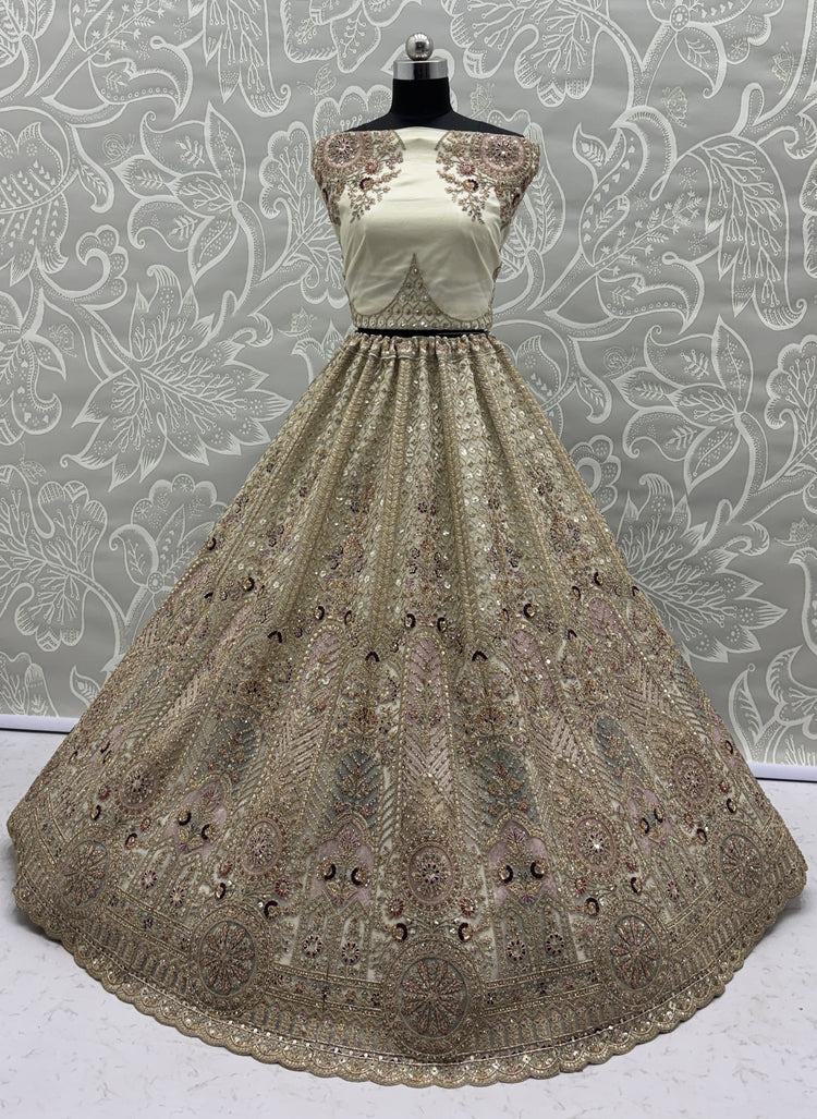 Ivory Bridal Net Lehenga Choli with Fancy Chapat Zari, Multi Thread Embroidery & Zircon Diamond Work