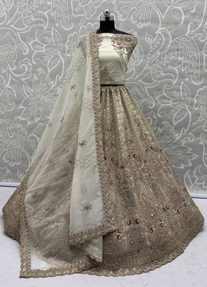 Ivory Bridal Net Lehenga Choli with Fancy Chapat Zari, Multi Thread Embroidery & Zircon Diamond Work