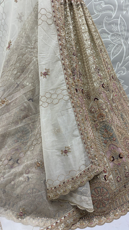 Ivory Bridal Net Lehenga Choli with Fancy Chapat Zari, Multi Thread Embroidery & Zircon Diamond Work