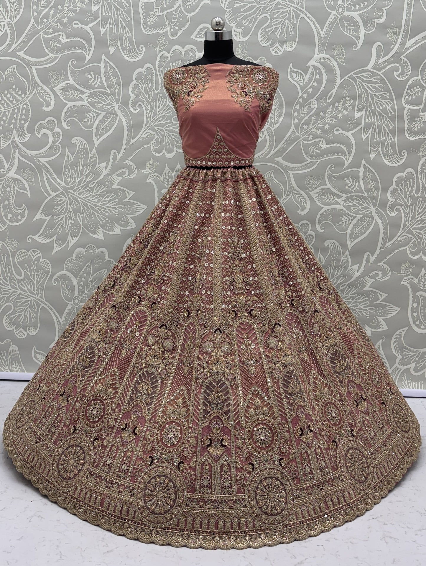 Dusty Rose Bridal Net Lehenga Choli with Fancy Chapat Zari, Multi Thread Embroidery & Zircon Diamond Work