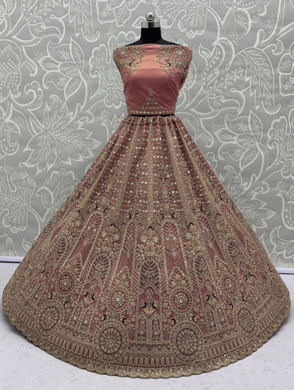 Dusty Rose Bridal Net Lehenga Choli with Fancy Chapat Zari, Multi Thread Embroidery & Zircon Diamond Work